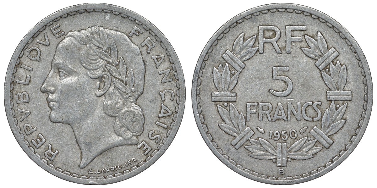 Франция 5 франков 1950 В, closed 9 KM 888b.2, Le Franc 339.21 алюминий 4123-541