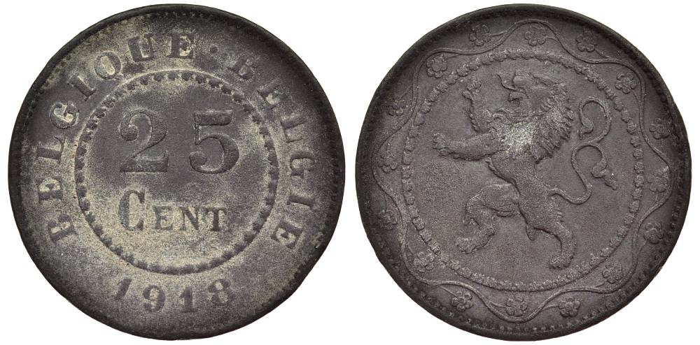 БЕЛЬГИЯ 25 САНТИМОВ 1918 BELGIQUE-BELGIE, ГЕРМАНСКАЯ ОККУПАЦИЯ, ПЕРВАЯ МИРОВАЯ ВОЙНА KM 82 цинк 27-942