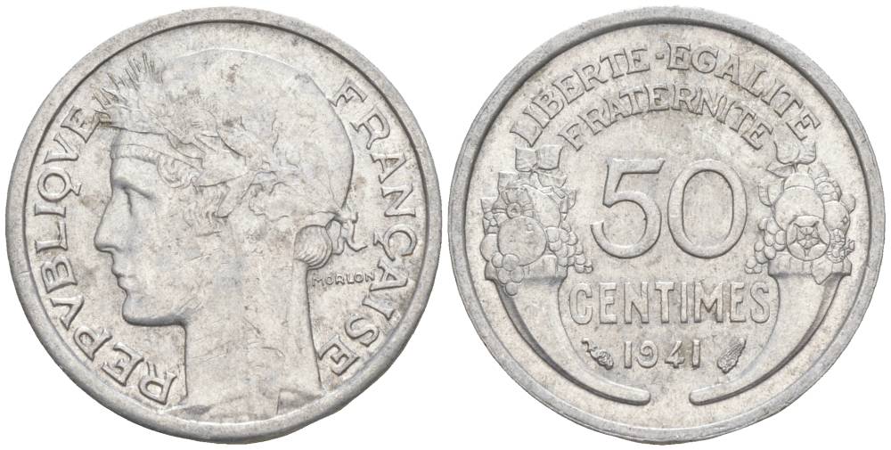 ФРАНЦИЯ 50 САНТИМОВ 1941 ТИП MORLON LOURDE KM 894.1a, LE FRANC 193.2 алюминий 44-168
