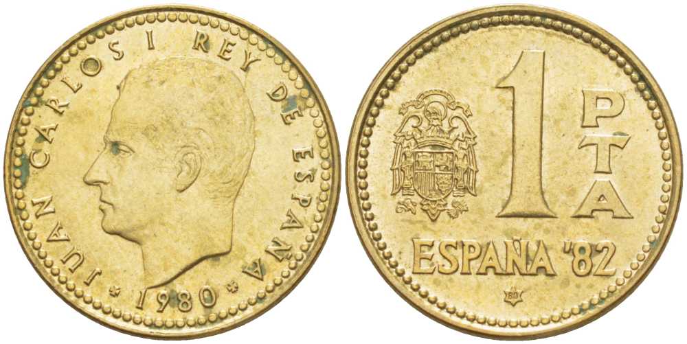 Испания 1 песета 1980 (80) чемпионат мира по футболу в Испании 1982 года, Хуан Карлос I (1975-) KM 816 алюминиевая бронза 214-626