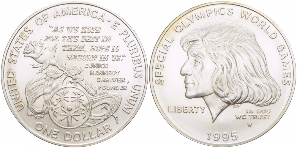 США 1 доллар 1995 W, специальные Олимпийские игры KM 266 серебро UNC 1082-2-31