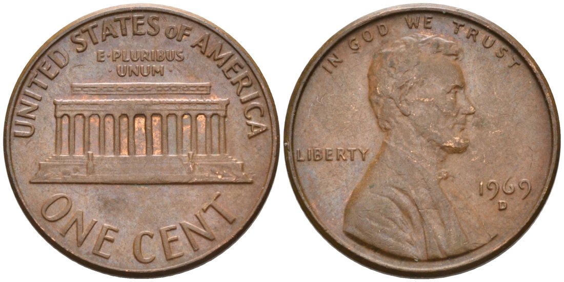 США 1 цент 1969 D, Линкольн KM 201 медь цинк 4564-456