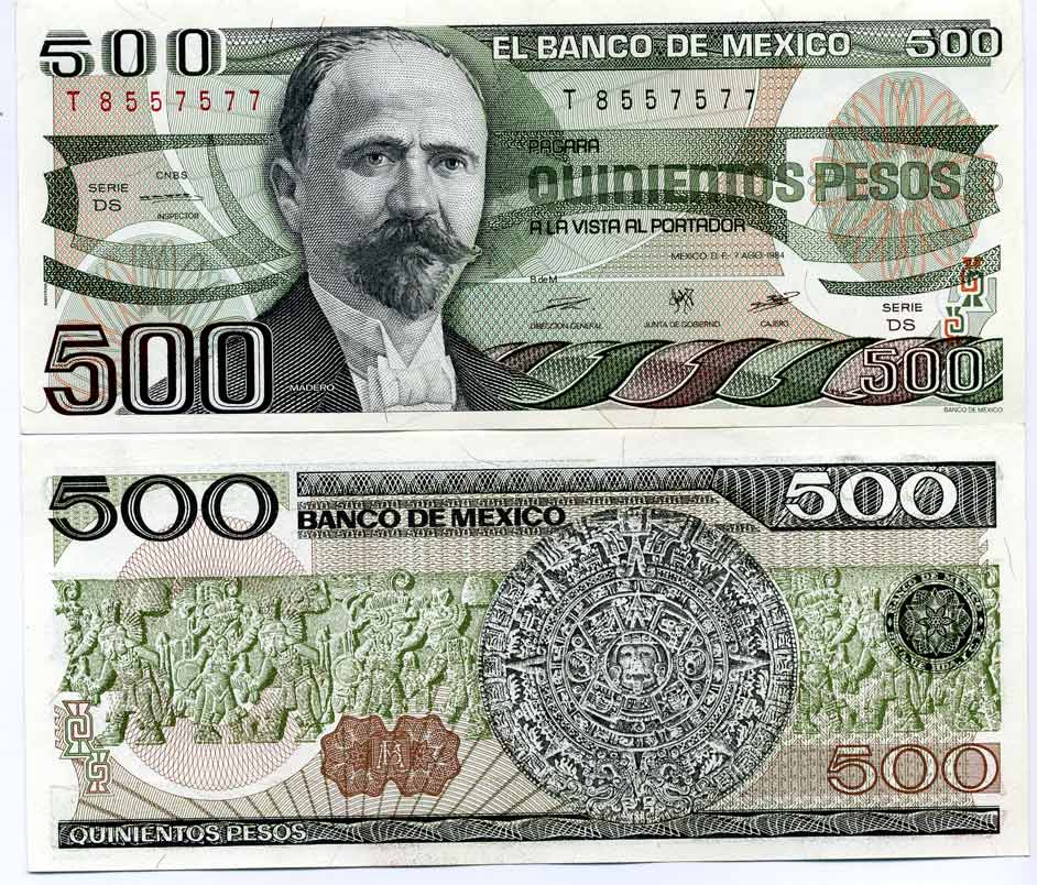 Мексика 500 песо 1984 Франсиско Игнасио Мадеро, ацтекский календарь, серия DS Pick 79b бумага UNC (пресс) 447-66-1-1