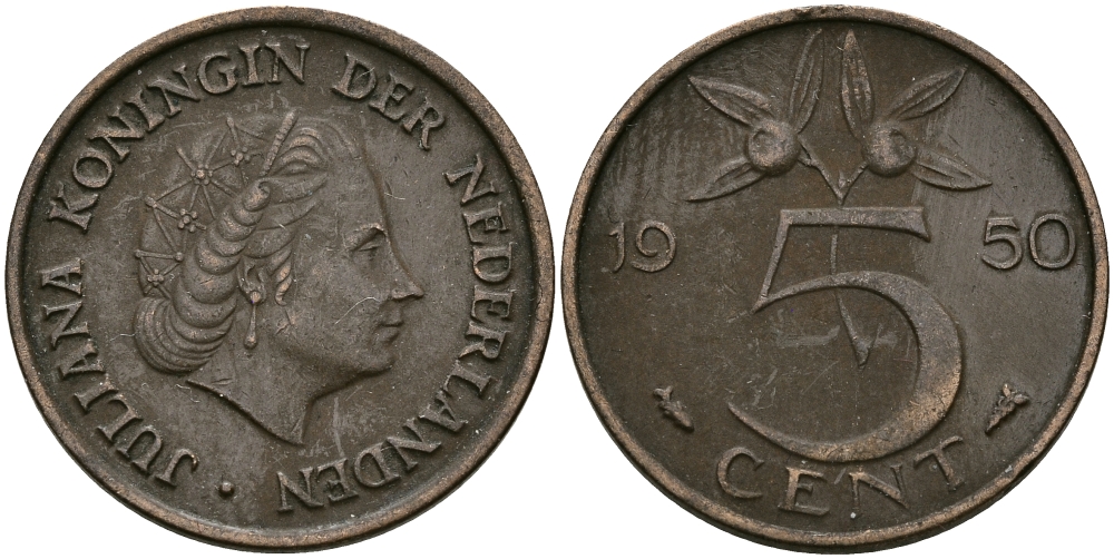 НИДЕРЛАНДЫ 5 ЦЕНТОВ 1950 ЮЛИАНА KM 181 бронза 95-236