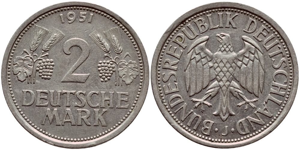 ФРГ 2 марки 1951 J J 386, KM 111 медно-никель плакированный никелем 1522-132