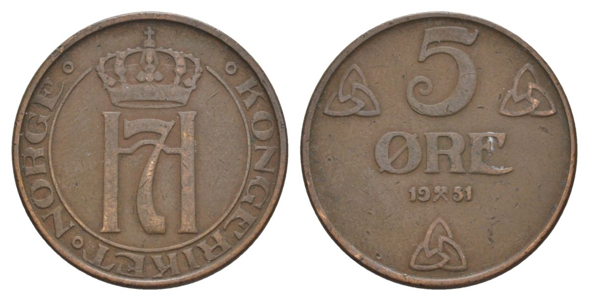 Норвегия 5 эре 1951 Хокон VII (1905-1957) KM 368 бронза 4635-542