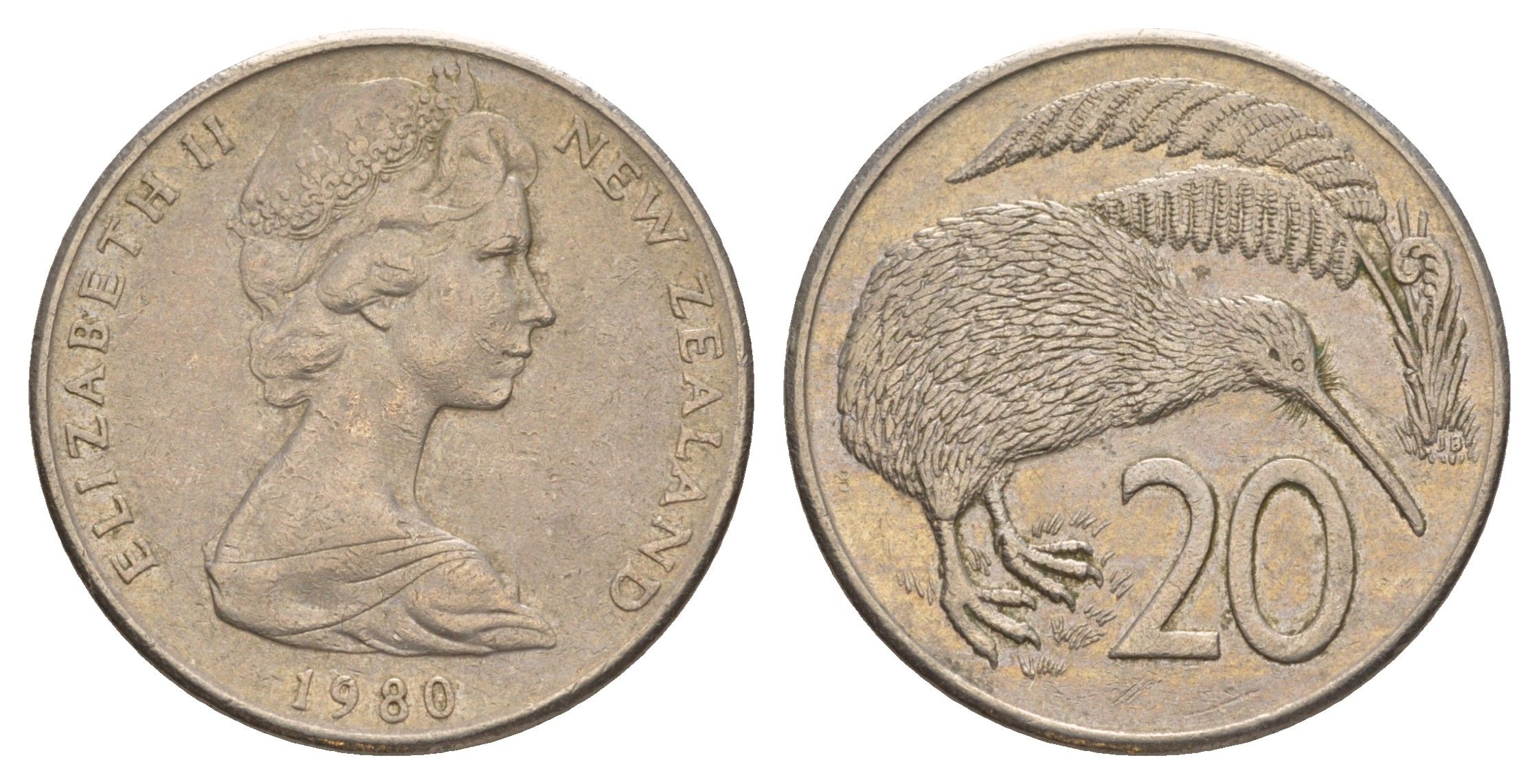 Новая Зеландия 20 центов 1980 Елизавета II (1952-2022), птичка киви KM 36.1 медно-никель 4182-1153