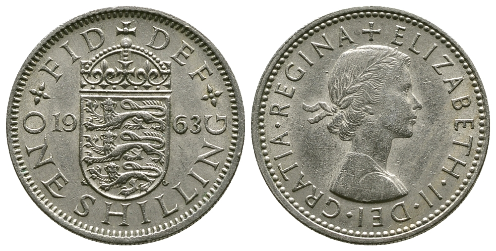 Великобритания 1 шиллинг 1963 Елизавета II (1952-2022), Английский герб KM 904, Spink 4147 медно-никель 4384-513