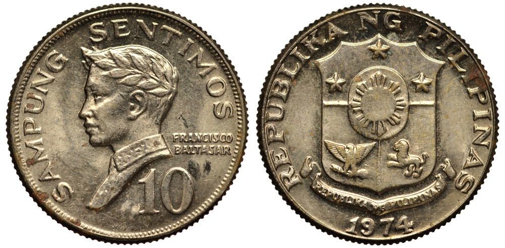 ФИЛИППИНЫ 10 СЕНТИМО 1972 ПОЭТ ФРАНСИСКО БАЛЬТАСАР KM 198 медь цинк никель XF- 4181-262