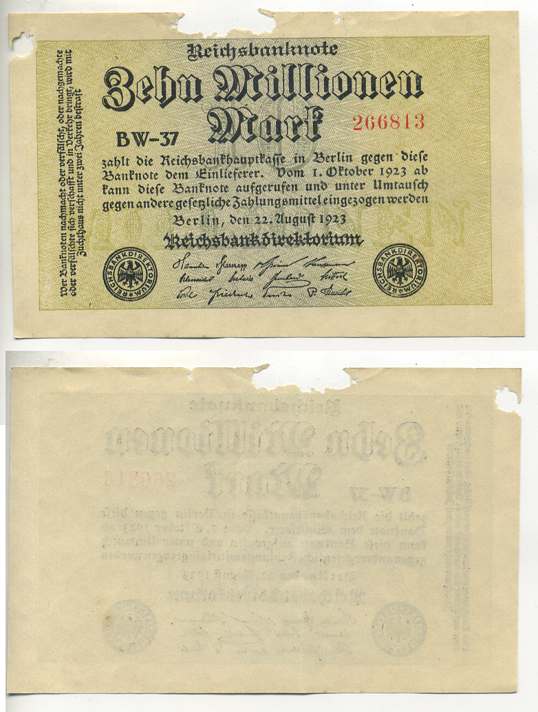 Германия 10000000 марок 1923 22 августа 1923, водяной знак L Pick 106b бумага 7217-88-2-1