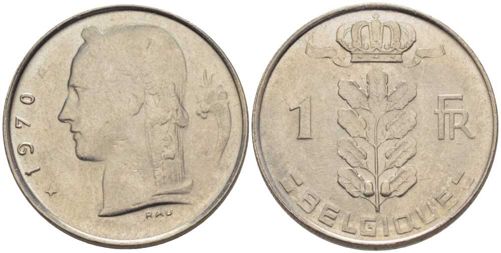 БЕЛЬГИЯ 1 ФРАНК 1970 BELGIQUE, БОДУЭН I (1951-1993) KM 142.1 медно-никель 202-1041