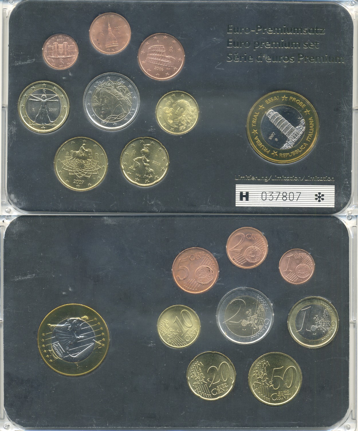 Италия евронабор из 8 монет + 1 европробник 2002-2007 в пластиковой запайке    UNC  7-5-5-10