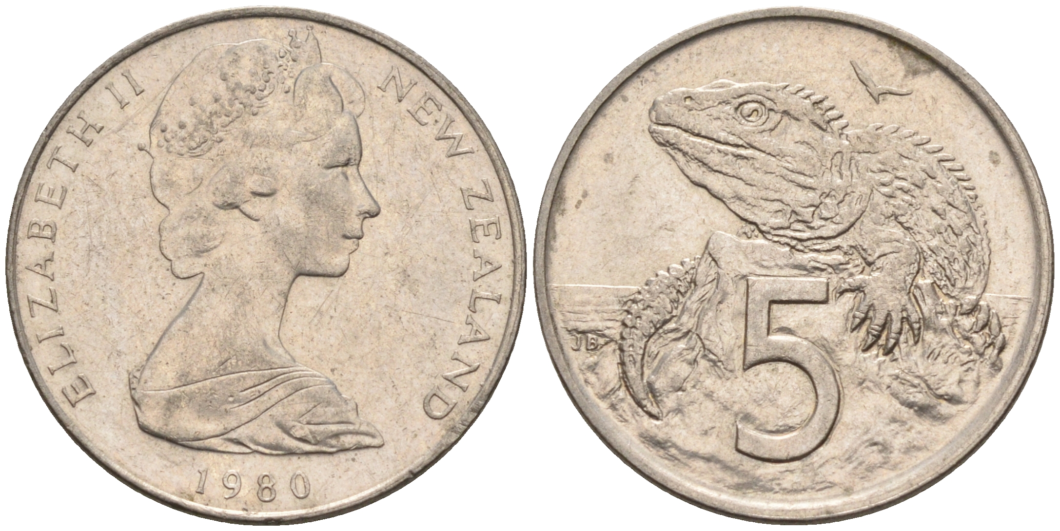 Новая Зеландия 5 центов 1980 Елизавета II (1952-2022), ящерица гаттерия KM 34.1 медно-никель 4594-1053