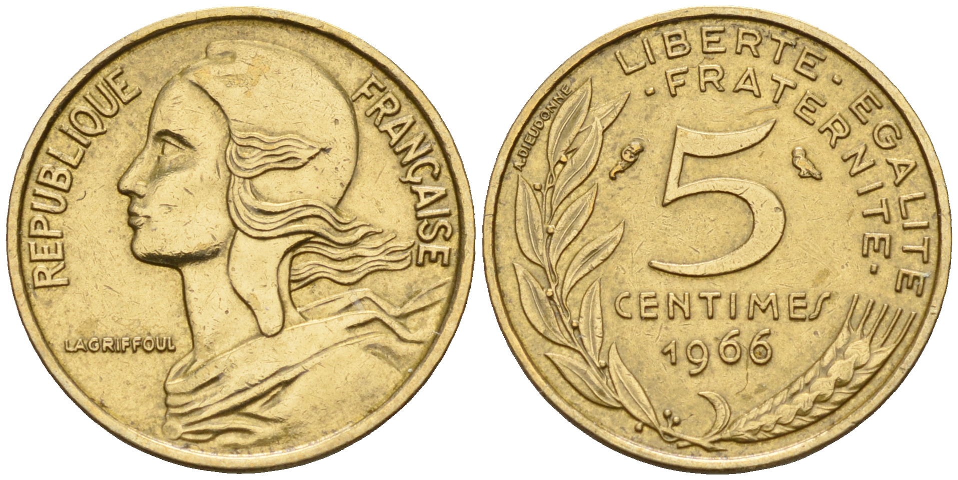 Франция 5 сантимов 1966 тип Марианна KM 933 медь алюминий никель    4152-1218