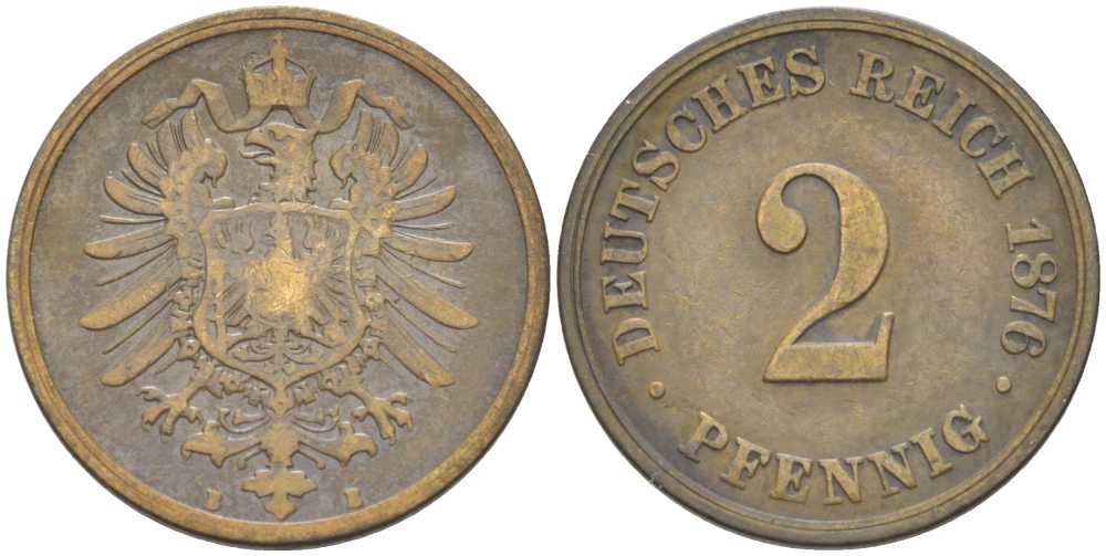 ГЕРМАНИЯ 2 ПФЕННИГА 1876 B, СТАРОГЕРБОВКА KM 2, J. 2, Weege 3 медь 212-643