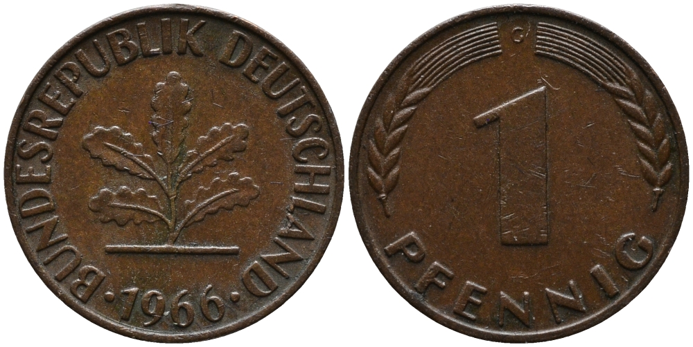 ФРГ 1 пфенниг 1966 G KM 105, J.380 сталь плакированная медью 99-259