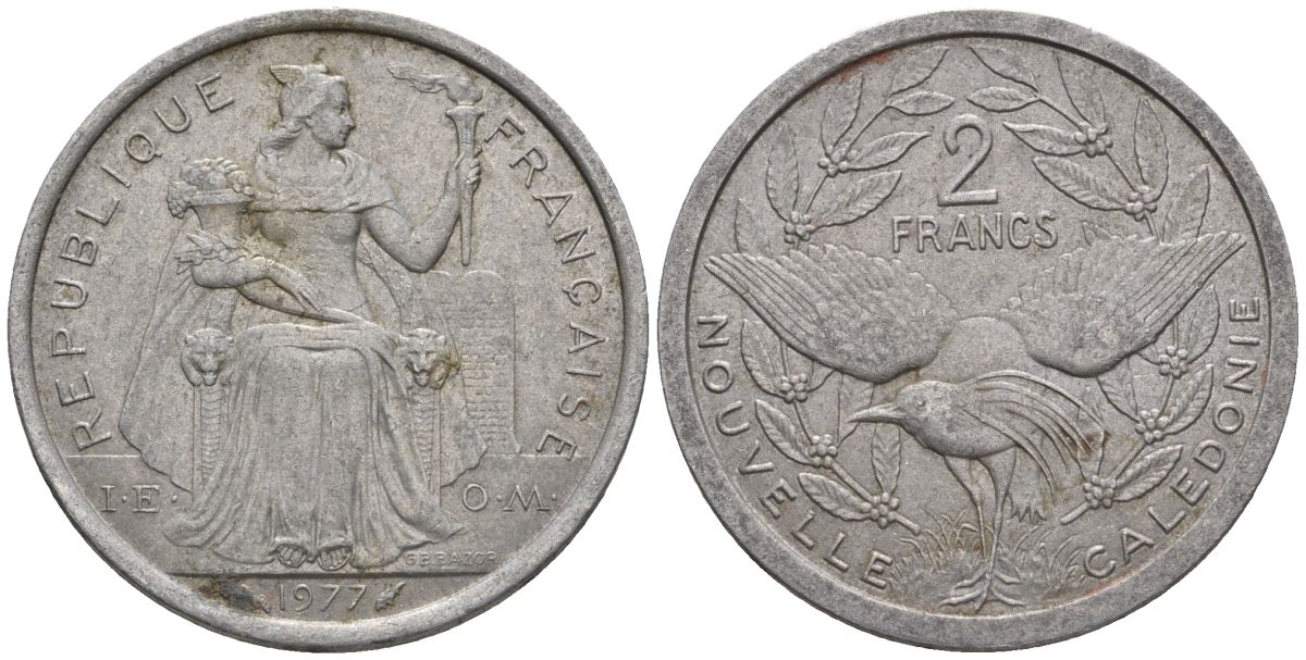 Французская Новая Каледония 2 франка 1977 птица кагу, (IEOM) KM 14, Schoen 11, Lec 58 алюминий    27-441