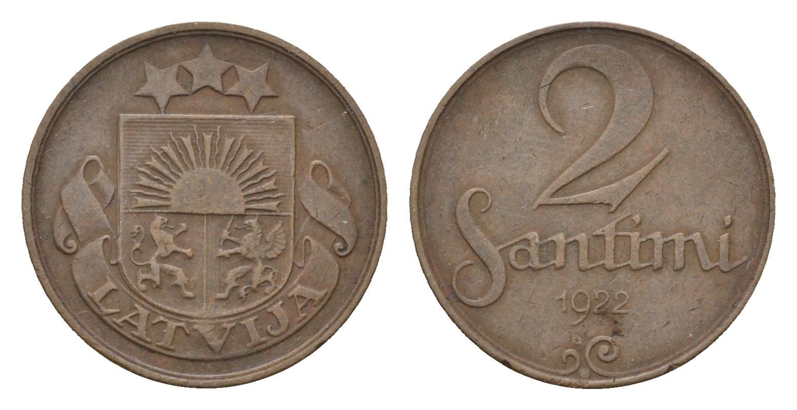 Латвия 2 сантима 1922 KM 2 бронза 4684-148