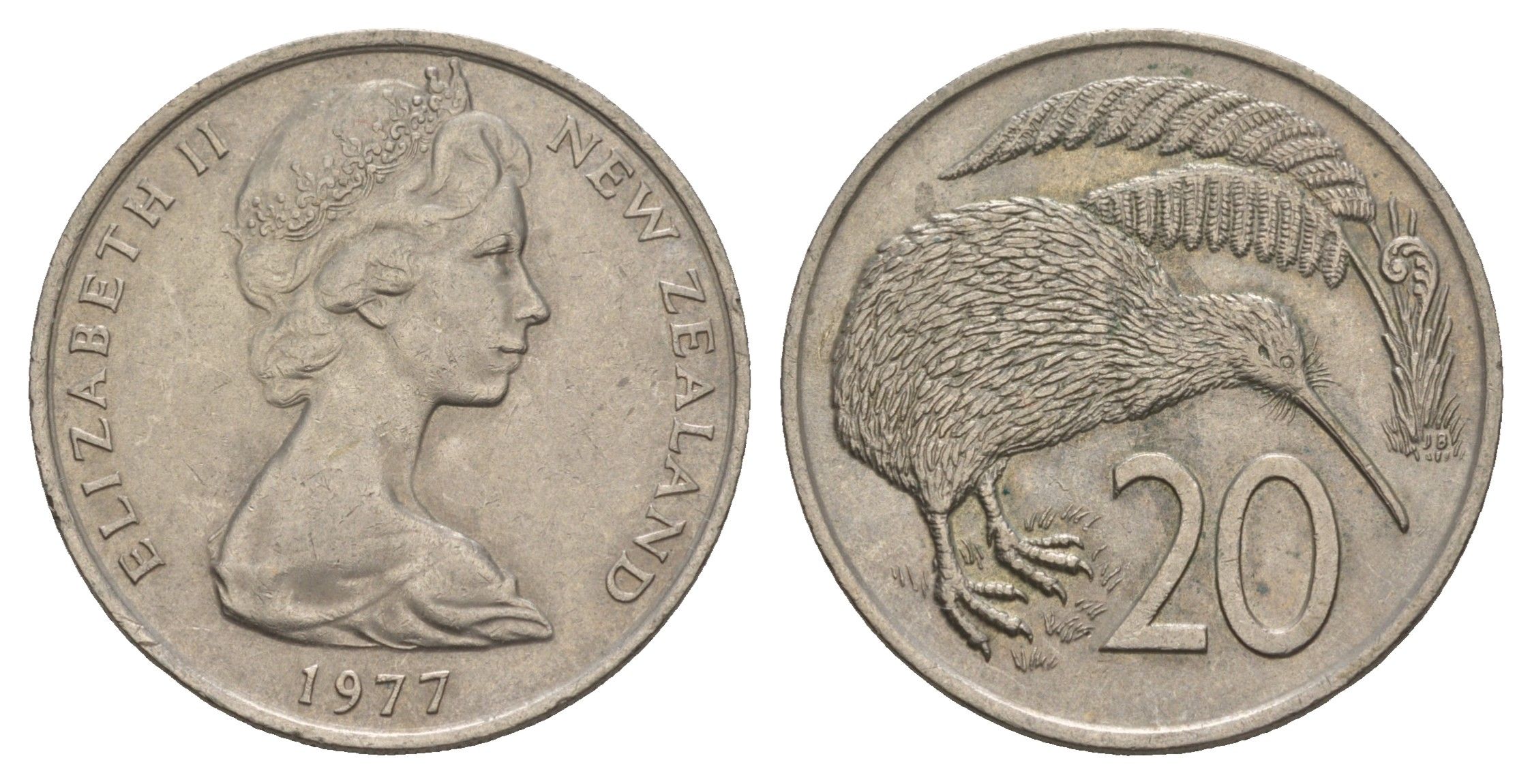 Новая Зеландия 20 центов 1977 Елизавета II (1952-2022), птичка киви KM 36.1 медно-никель 4653-442