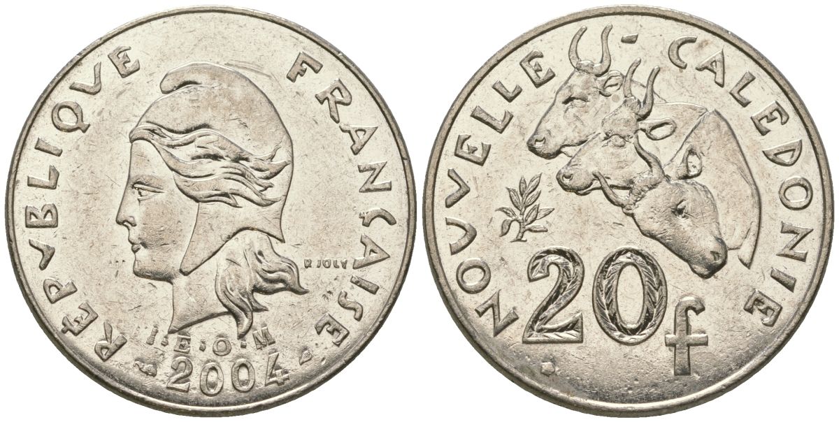 Французская Новая Каледония 20 франков 2004 три быка, (IEOM) KM 12, Schoen 14, Lec 115h никель 81-713