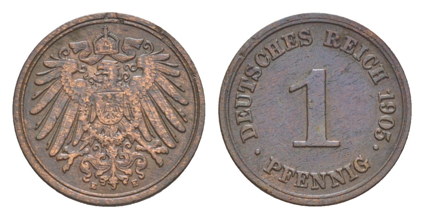 Германия 1 пфенниг 1905 E, Вильгельм II (1888-1918) KM 10, J. 10 медь 4639-1127