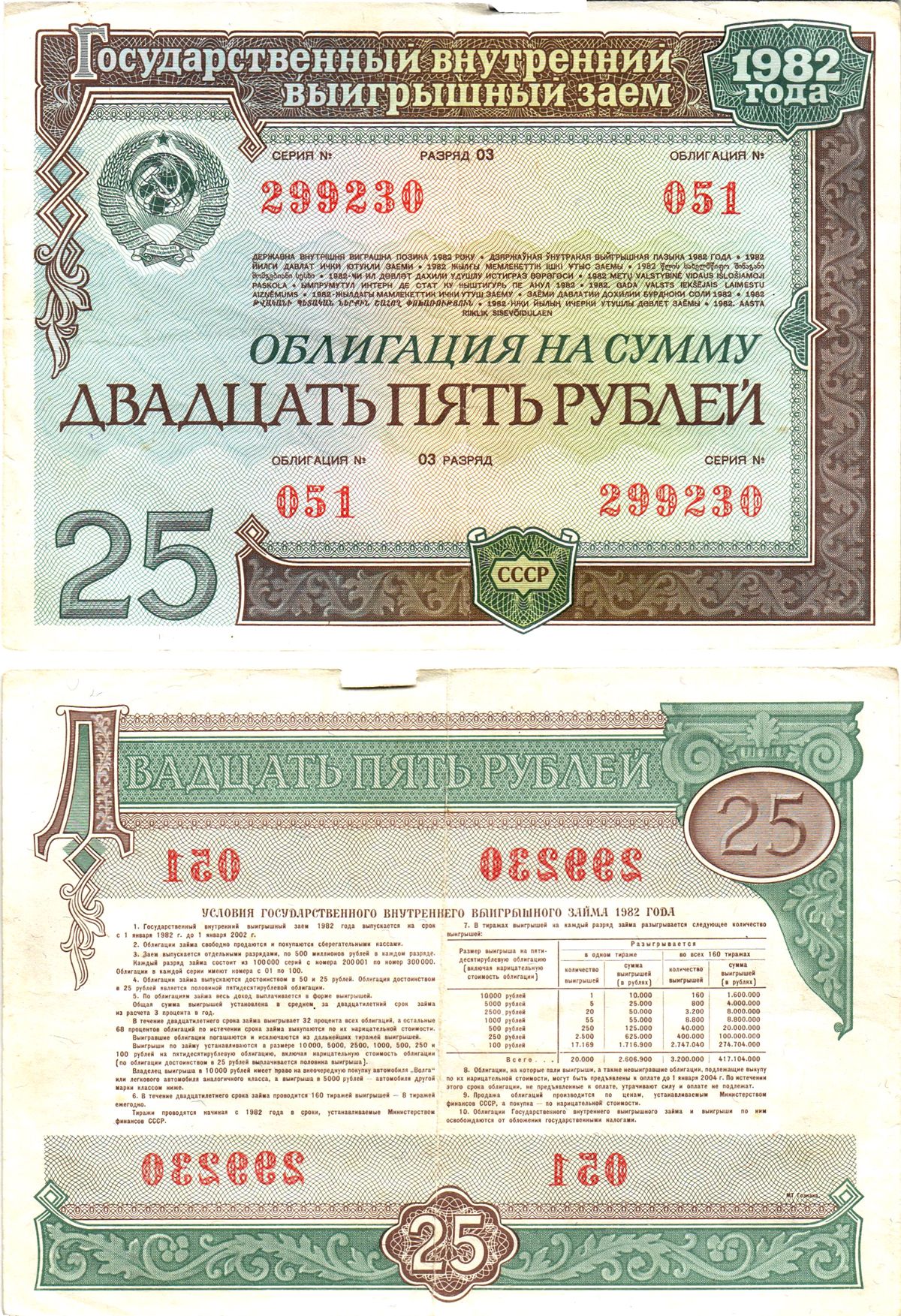 СССР облигация в 25 рублей 1982 государственный внутренний выигрышный заем, разряд 03   бумага   8609-35-2-2