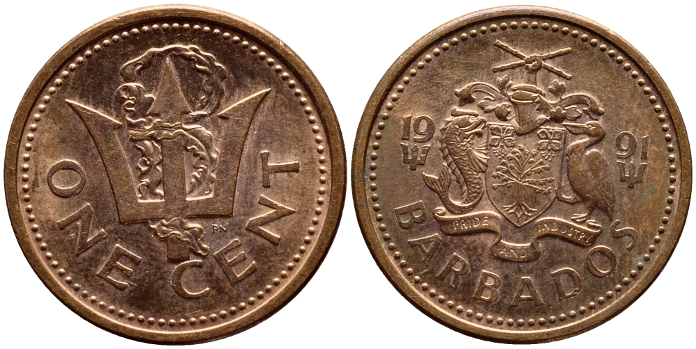 Барбадос 1 цент 1991 сломанный трезубец Британии KM 10 бронза 4396-1268