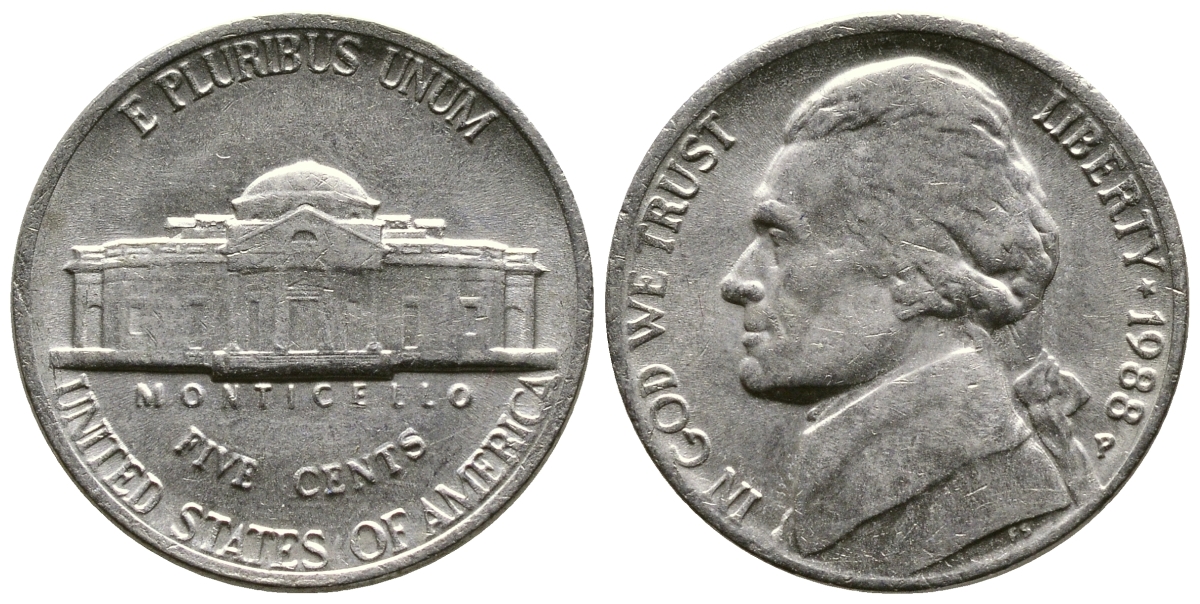 США 5 ЦЕНТОВ 1988 P, ДЖЕФФЕРСОН KM А192 медно-никель 25-2237