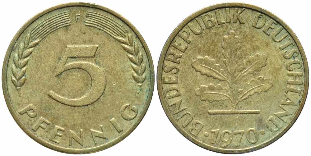ФРГ 5 ПФЕННИГОВ 1970 F KM 107, J. 382 сталь плакированная латунью 112-144