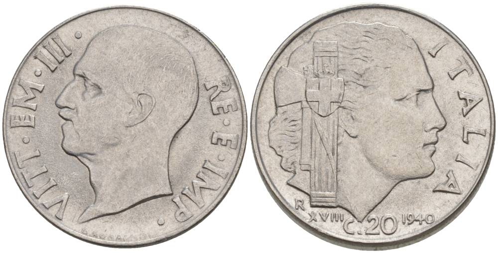 ИТАЛИЯ 20 ЧЕНТЕЗИМО 1940 R, ГОД XVIII, ВИКТОР ЭММАНУИЛ III (1900-1946), МАГНИТНАЯ, ГУРТ РИФЛЁНЫЙ KM 75b, VEM3. 1025 нержавеющая сталь 3853-513