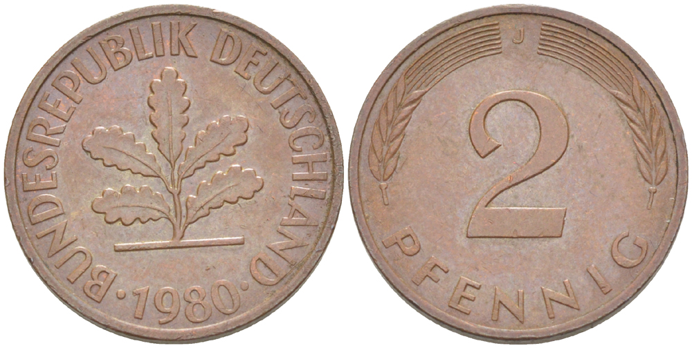 ФРГ 2 ПФЕННИГА 1980 J KM 106а, J. 381а сталь плакированная сталь плакированная медьюю 4181-837