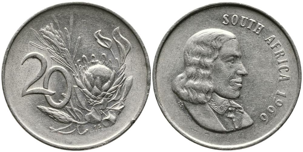 ЮАР 20 ЦЕНТОВ 1966 SOUTH AFRICA, ЯН ВАН РИБЕК (1619-1677), ГОЛЛАНДСКИЙ ИССЛЕДОВАТЕЛЬ , МОРЕПЛАВАТЕЛЬ, ОСНОВАТЕЛЬ Г. КЕЙПТАУНА, ЦВЕТОК ПРОТЕЯ KM 69.1 никель 3336-1241