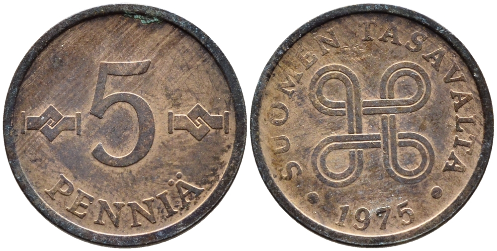 ФИНЛЯНДИЯ 5 ПЕННИ 1975 KM 45 медь 45-1216