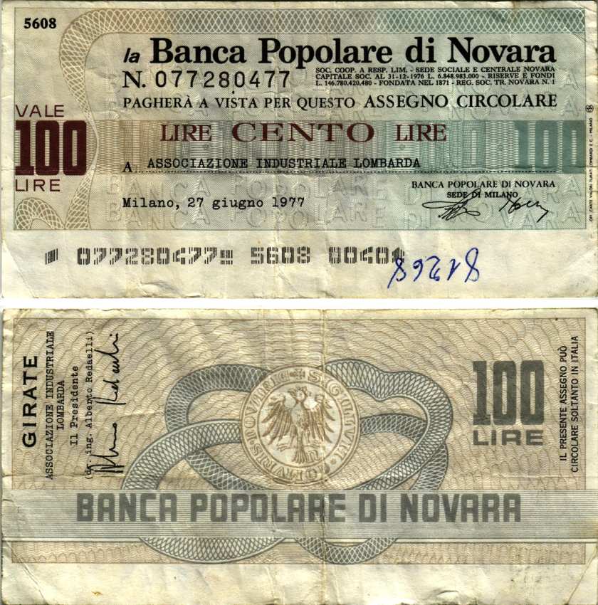Италия 100 лир 1977 27 июня 1977 La Banca popoLare Di Novara бумага 7221-80-3-1