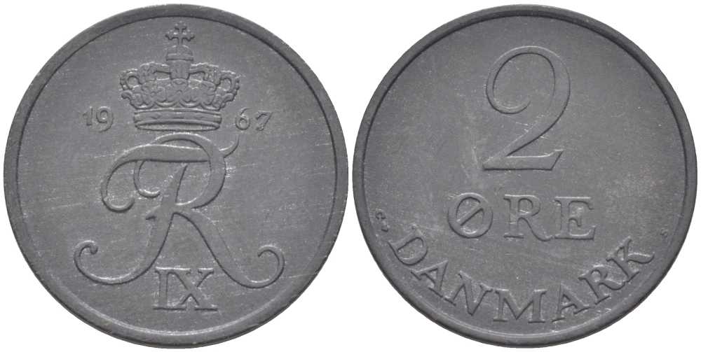 ДАНИЯ 2 ЭРЕ 1967 C; S, ФРЕДЕРИК IX (1947-1972) KM 840.2 цинк 67-424