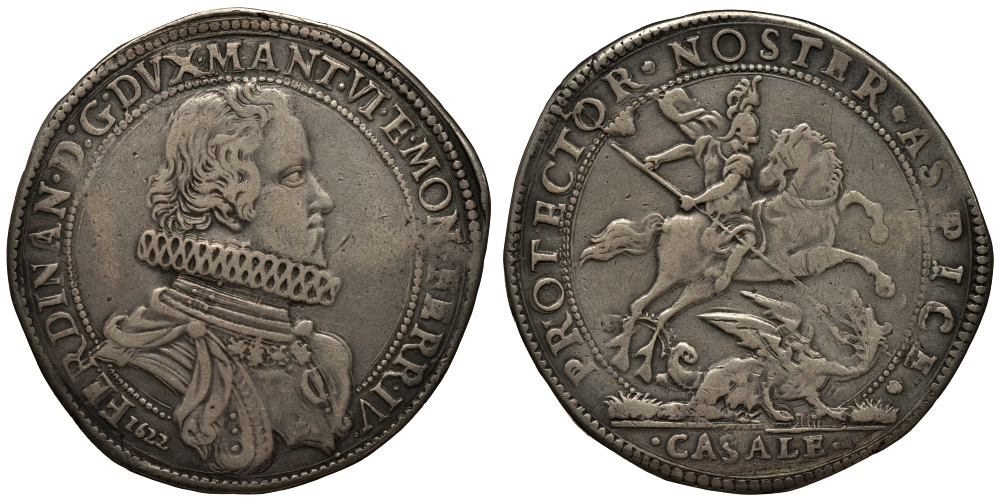 Мантуя 1 дукатон 1622 Фердинандо Гонзага, Святой Георгий на коне Dav. 3868, Bignotti 24 серебро 10-005-55
