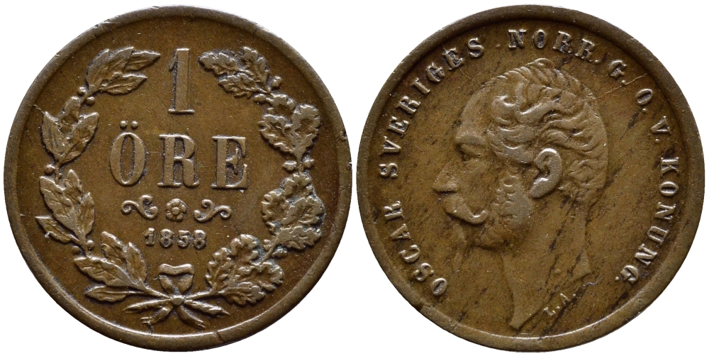 Швеция 1 эре 1858 L.A.  Оскар I (1844-1859) KM 687 бронза 1523-335