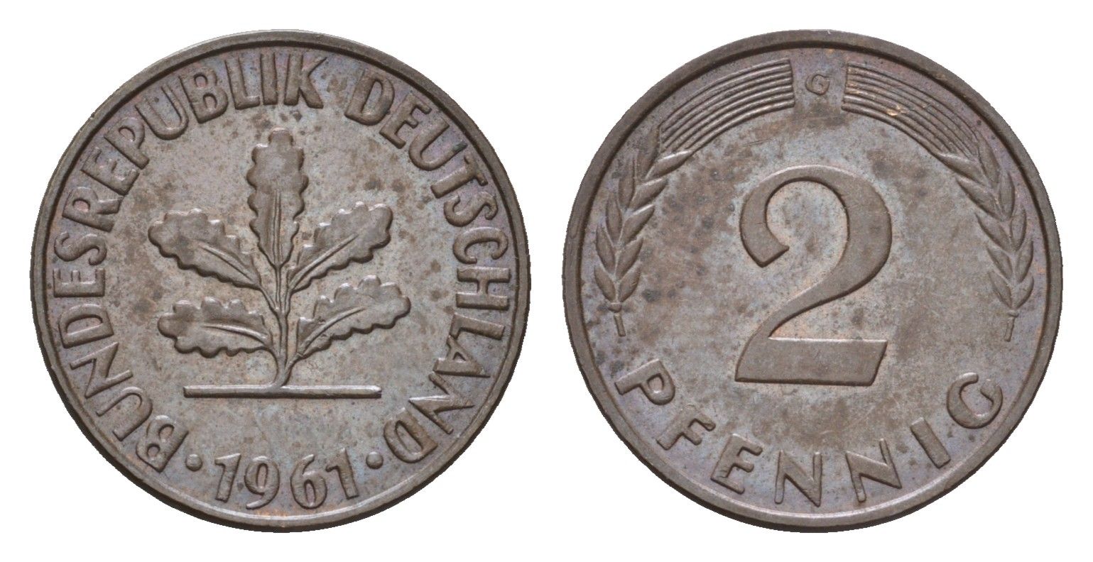 ФРГ 2 пфеннига 1961 G KM 106, J. 381 бронза 4618-718