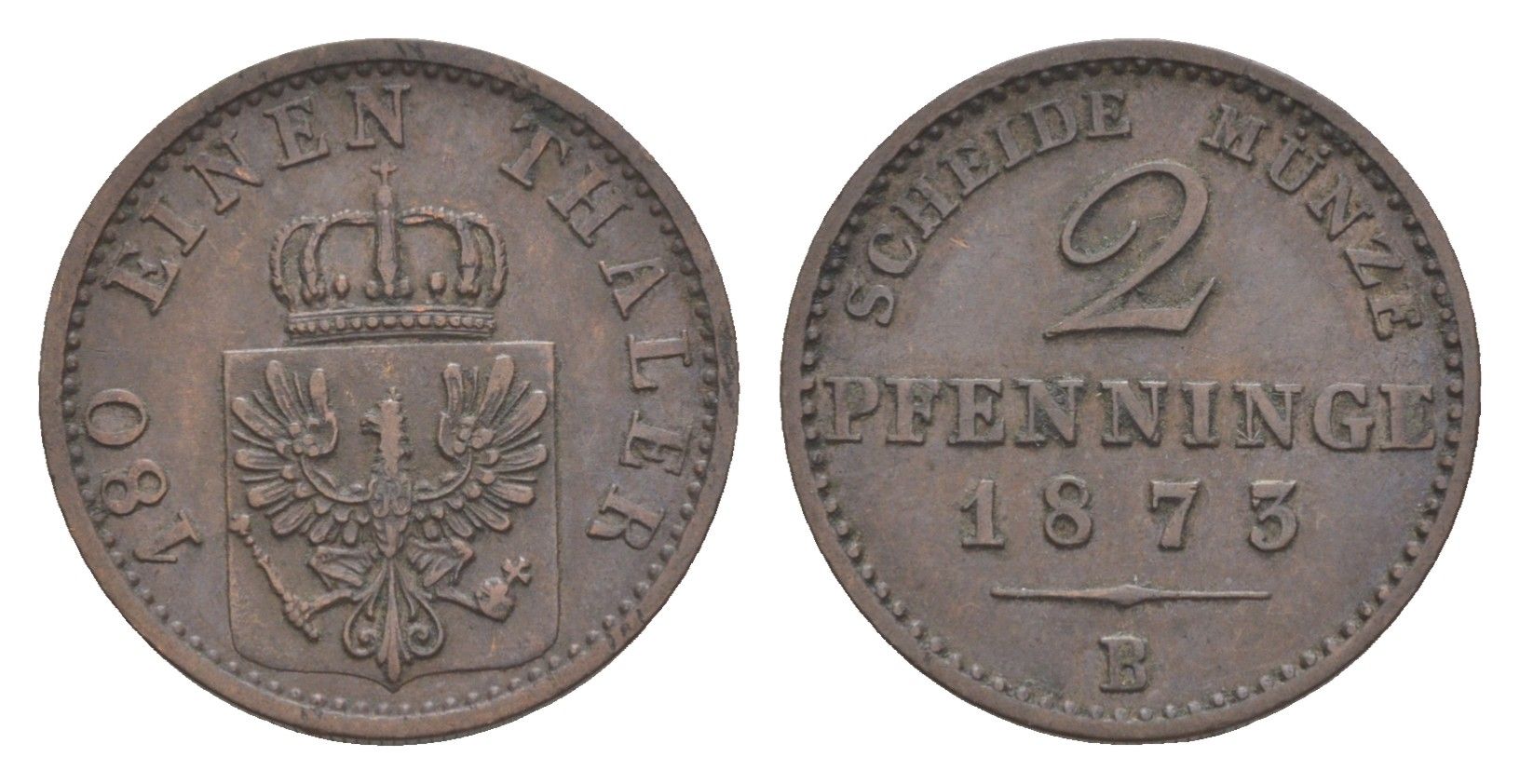 Пруссия 2 пфеннига 1873 B, Вильгельм I (1861-1888) KM 481, Jaeger 51, AKS 107, Olding 425 медь 4651-326