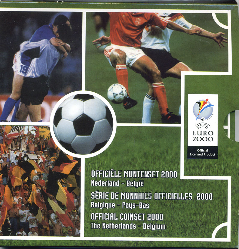 Бельгия набор из 3 монет + жетон 2000 Belgie-Belgique + 5 гульденов Нидерланды 2000 год, чемпионат мира по футболу, FIFA, в оригинальном картонном буклете KM PS 7 PROOF 1-4-2-12
