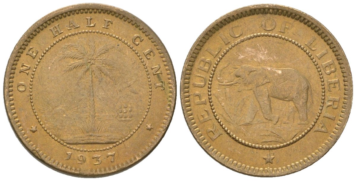 Либерия 1/2 цента 1937 KM 10 латунь aUNC 4594-1059