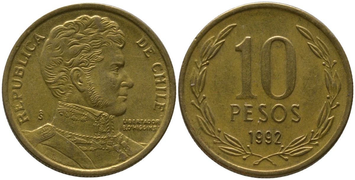 Чили 10 песо 1992 So KM 228.2, Schon 82 алюминиевая бронза 4544-456