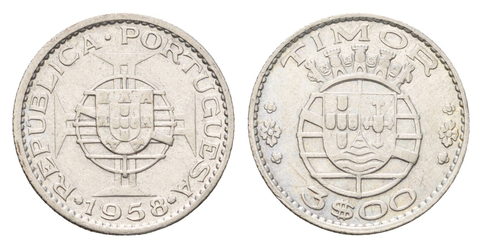 Португальский Тимор 3 эскудо 1958 год-тип KM 14 серебро 4669-769