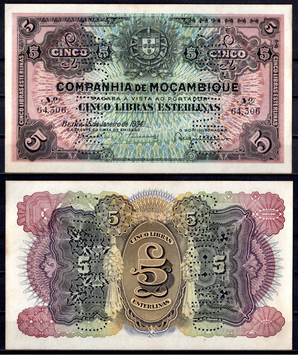 Мозамбик 5 либра 1934 Pick R32 бумага аUNC 7214-5-2-1