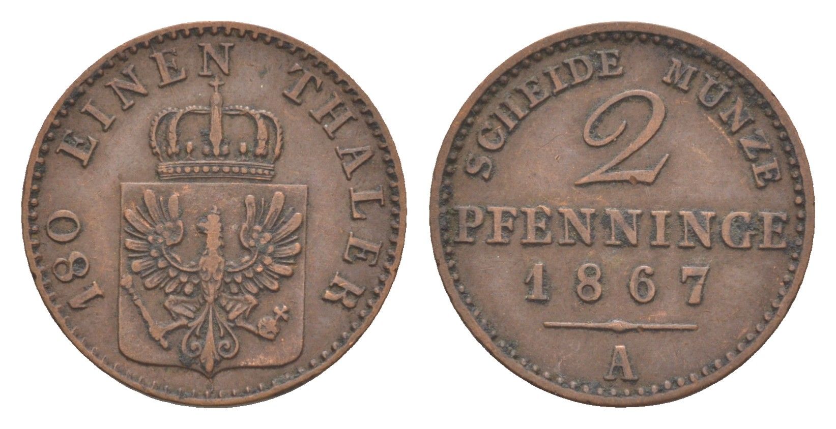 Пруссия 2 пфеннига 1867 A, Вильгельм I (1861-1888) KM 481, Jaeger 51, AKS 107, Olding 425 медь 4651-241