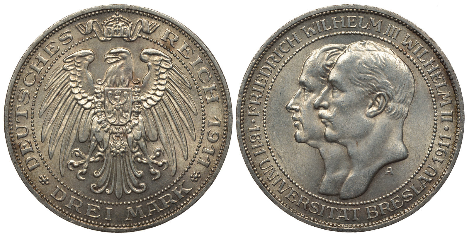 Пруссия 3 марки 1911 A, Университет Бреслау Weege 108, J. 108, KM 531 серебро 413-6113