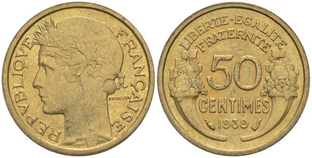 ФРАНЦИЯ 50 САНТИМОВ 1939 ТИП MORLON KM 894.1, LE FRANC 192.15 алюминиевая бронза 44-817