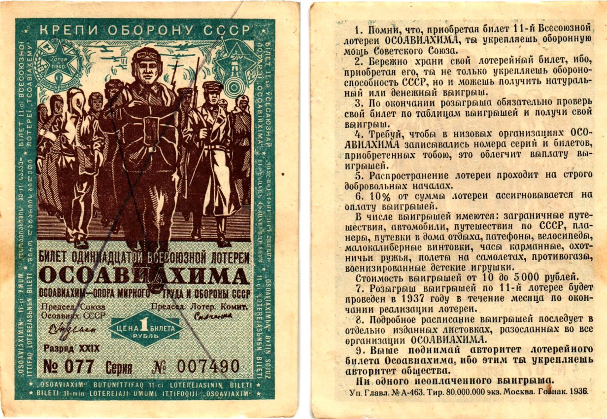 СССР 1 рубль 1936 Одиннадцатая всесоюзная лотерея Осоавиахима 2196-8-3-1