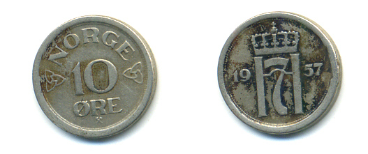 НОРВЕГИЯ 10 ЭРЕ 1957 ХОКОН VII KM 396 медно-никель 89-325