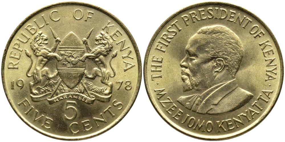 Кения 5 центов 1978 Джомо Кениата KM 10 никель латунь 3336-551